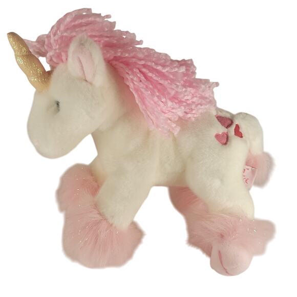 Unicorn Plush White Pink Hair Hearts Gold Horn Stuffed Animal Aurora Russ Stuffy - Picture 1 of 16